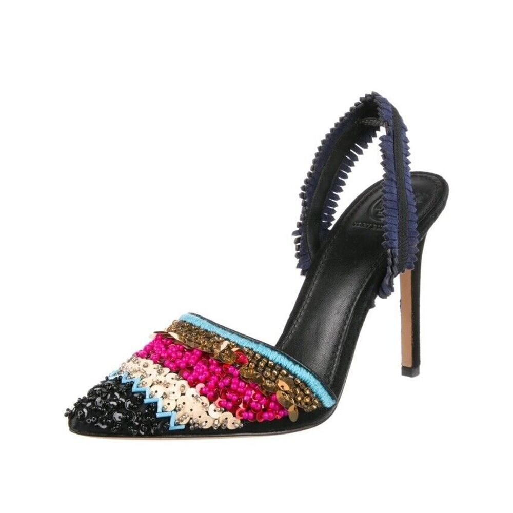 Tory Burch Isle Beaded Slingback105mm Pump Sequins Black Multi-Color 7.5